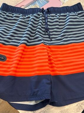 Roots Men's Navy, Light Blue & Orange Striped Swim Trunks